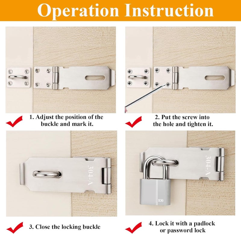 Sunxeke 5 Inch Door Locks Hasp Latch 2 Pack,304 Stainless Steel Safety Padlock Clasp Hasp Lock Latch with Combo Lock & Padlock,Heavy Duty Gate Latch Lock with Screws - Image 4